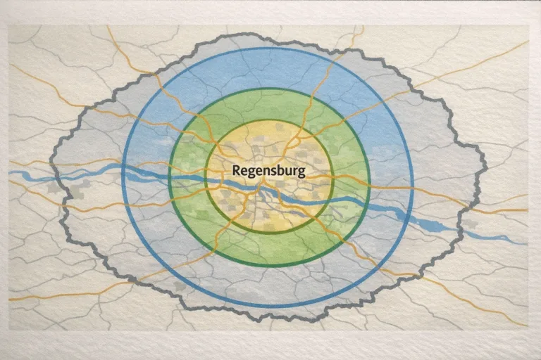 Stilisierte Servicegebietskarte für Rohrreinigung in Regensburg & Umgebung mit regionaler Abdeckung.