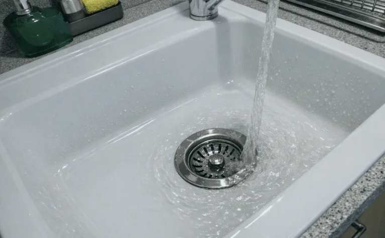 Sauberes Waschbecken mit Werkzeug für die professionelle Abflussreinigung