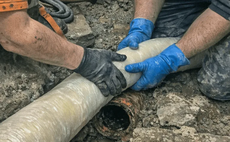 Techniker ortet Leck und repariert Rohrbruch im Gebäude in Graß.