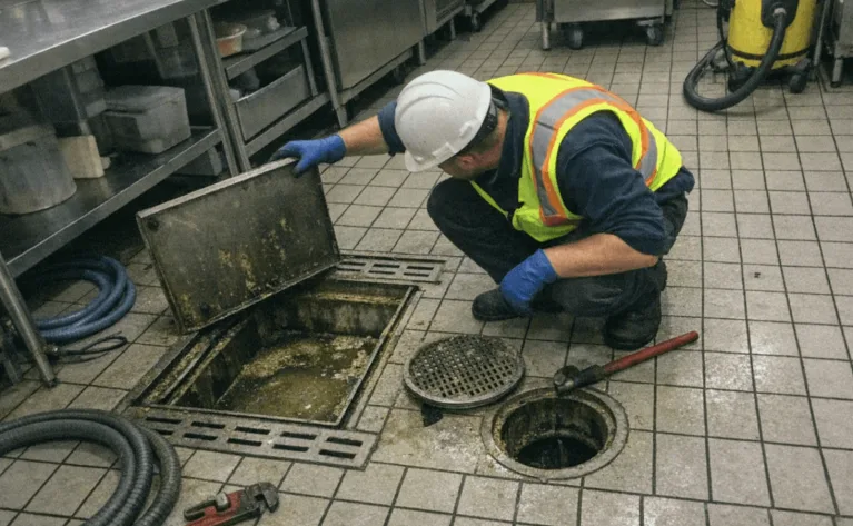 Techniker reinigt gewerblichen Abfluss am Unternehmensstandort in Brandlberg mit professioneller Rohrreinigungsausrüstung.
