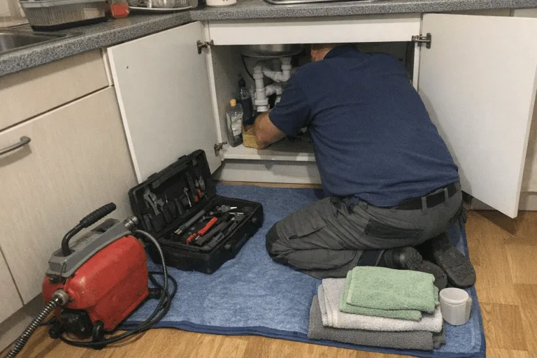 Techniker bei der Abflussreinigung in einem Wohngebäude