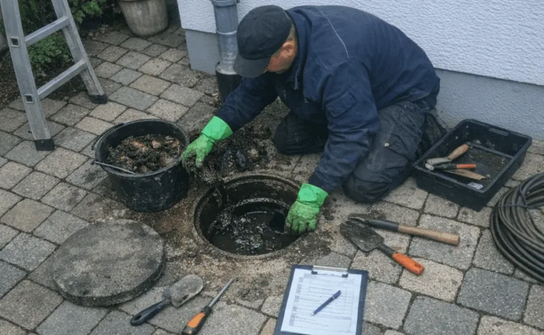 Mehrfamilienhaus in Haslbach mit Geräten zur Leitungs­spülung und Inspektion vor Ort.
