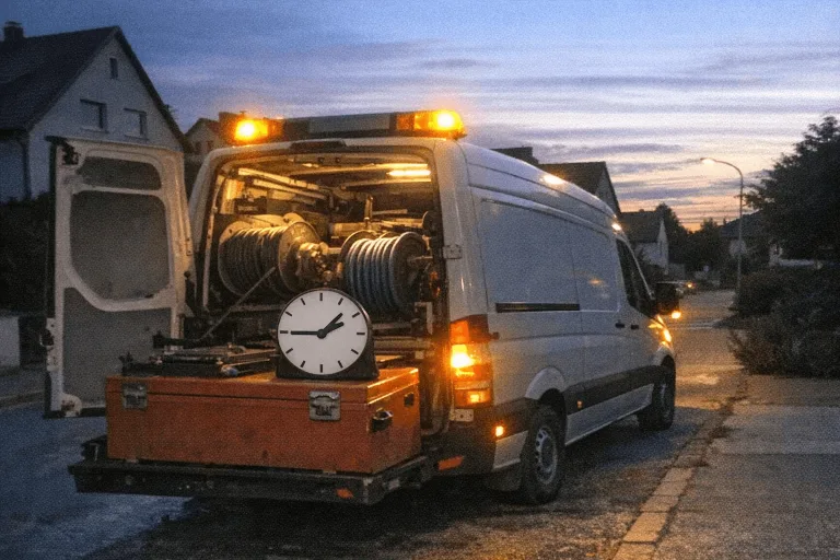 Notdienstfahrzeug für Rohrreinigung im Einsatz in einem Wohngebiet