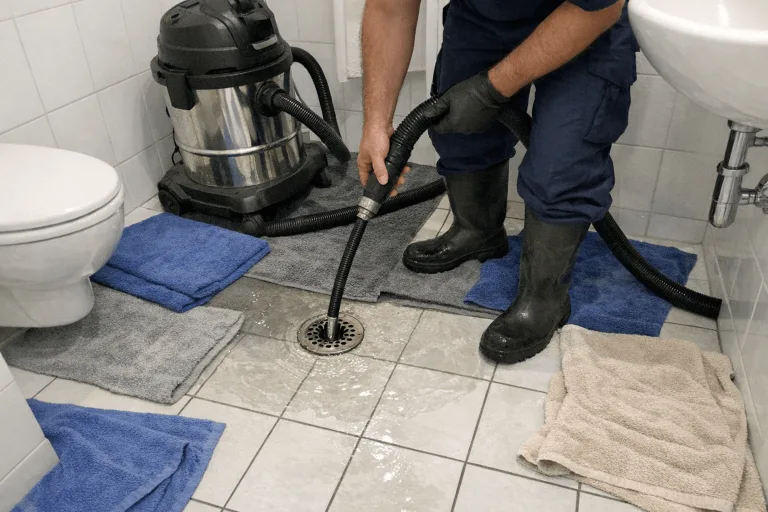 Rohrreinigung im überfluteten Badezimmer während eines Notfalls