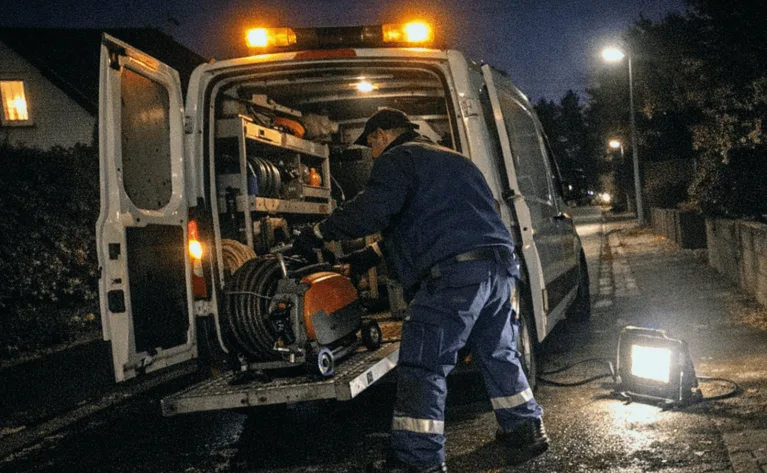 Rohrreinigungstechniker neben Servicewagen bei Nacht in städtischer Straße, bereit für dringenden Einsatz.