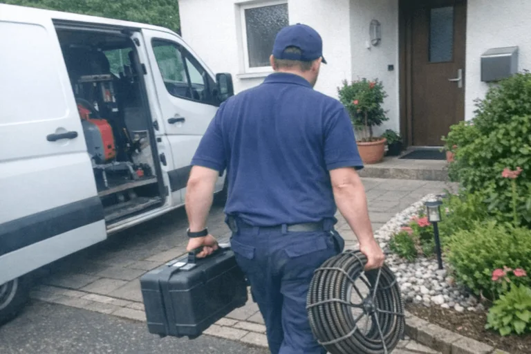 Techniker bei der Ankunft an einem Wohnhaus für einen Einsatz zur Abflussreinigung