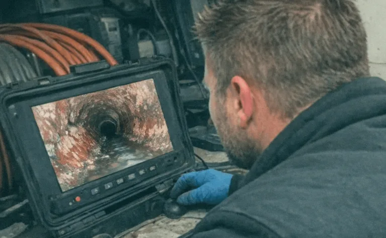 Monitor mit Kameraaufnahme eines beschädigten Rohrs während der Diagnose