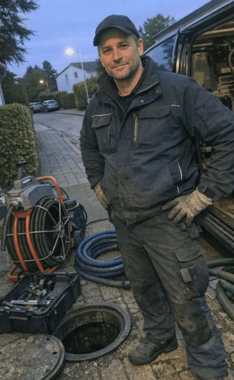 Erfahrener Monteur mit professionellem Spülgerät vor einem Firmenfahrzeug