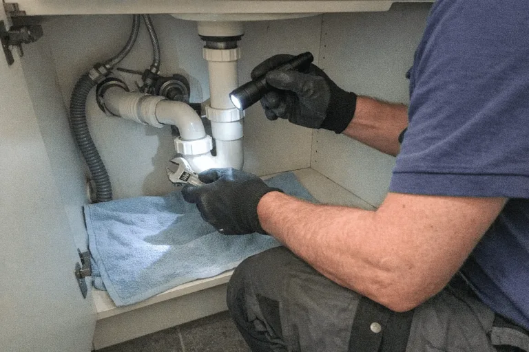 Techniker inspiziert Abfluss und Siphon unter Waschbecken oder Spüle.